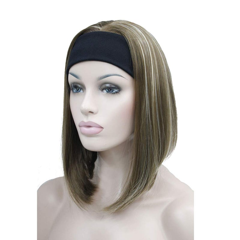 Lydell Short Straight Bob Headband Wig 3/4 wig short half Synthetic hair wig (12TT26 Brown with Highlights) - Image 1